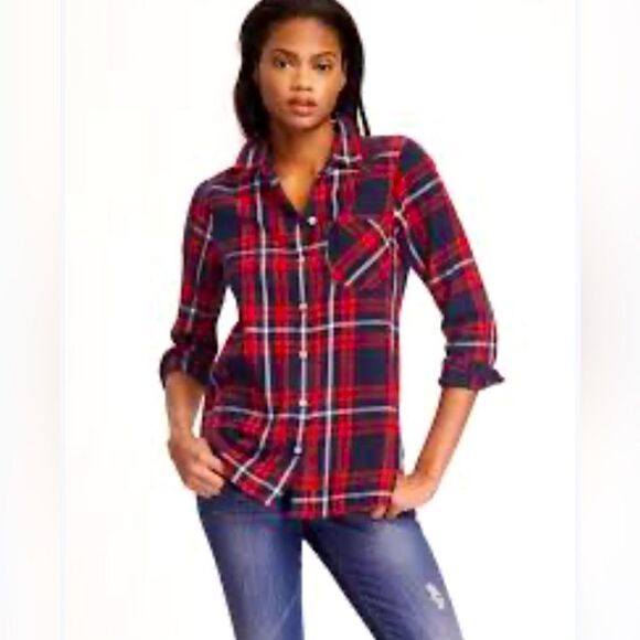 Old Navy red blue flannel classic button down plaid shirt sz M 100% cotton - Picture 1 of 11